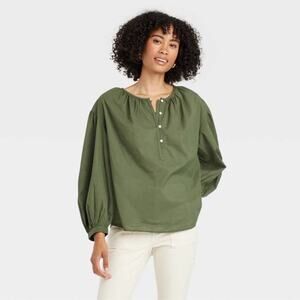 Universal Thread New Olive Green Long Balloon Sleeve Cotton Popover Blouse